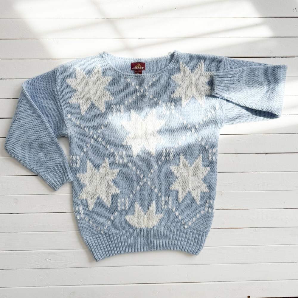 Jordache blue snowflake country star knit 80s vtg sweater‎